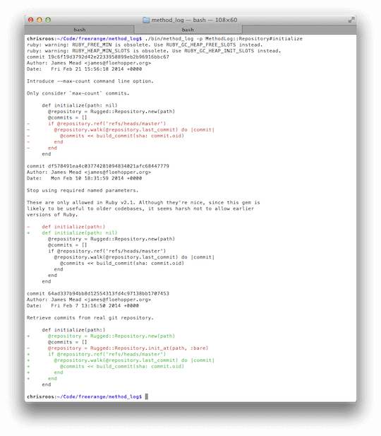 Screenshot of method_log being used to trace a method in the method_log project