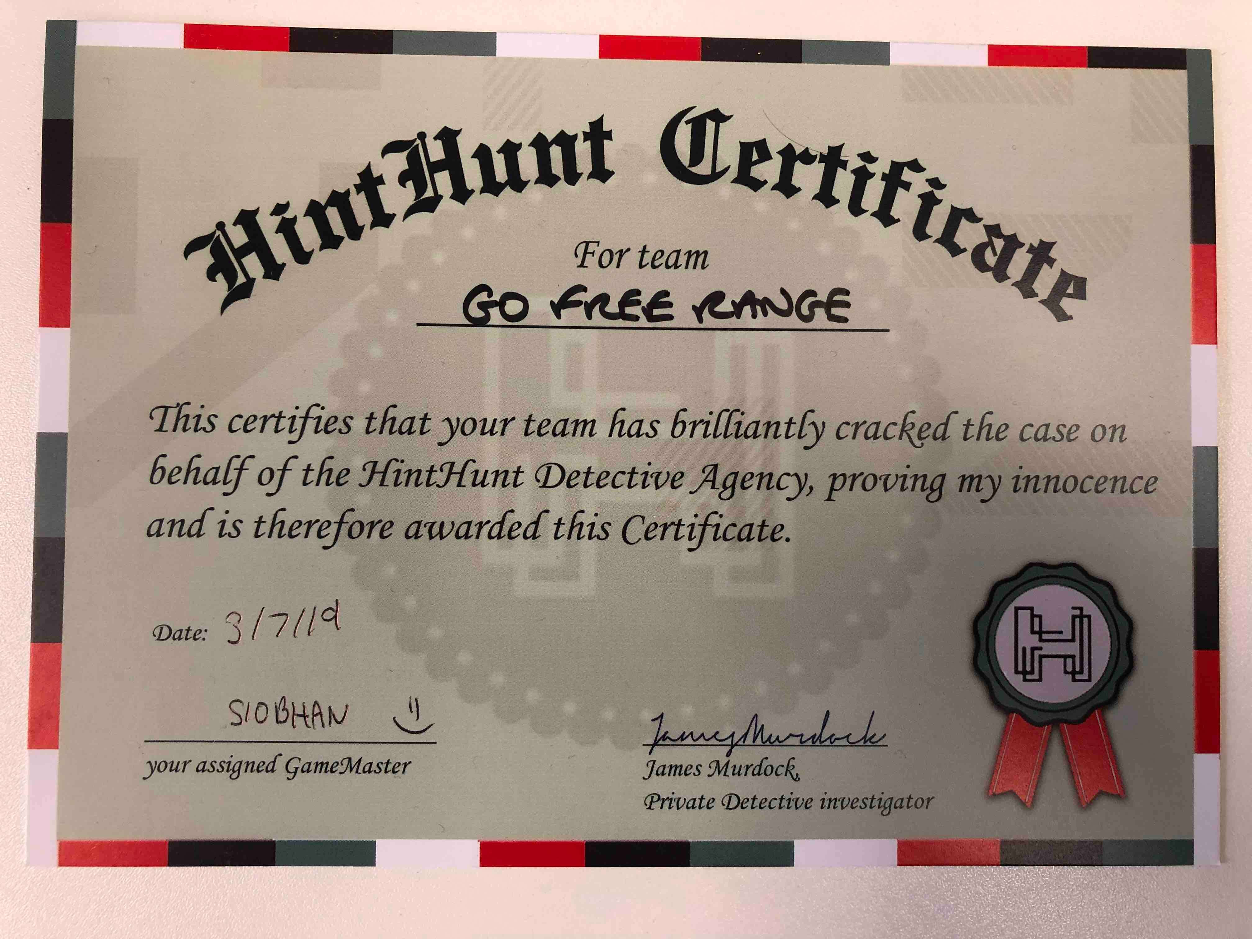 HintHunt escape room certificate