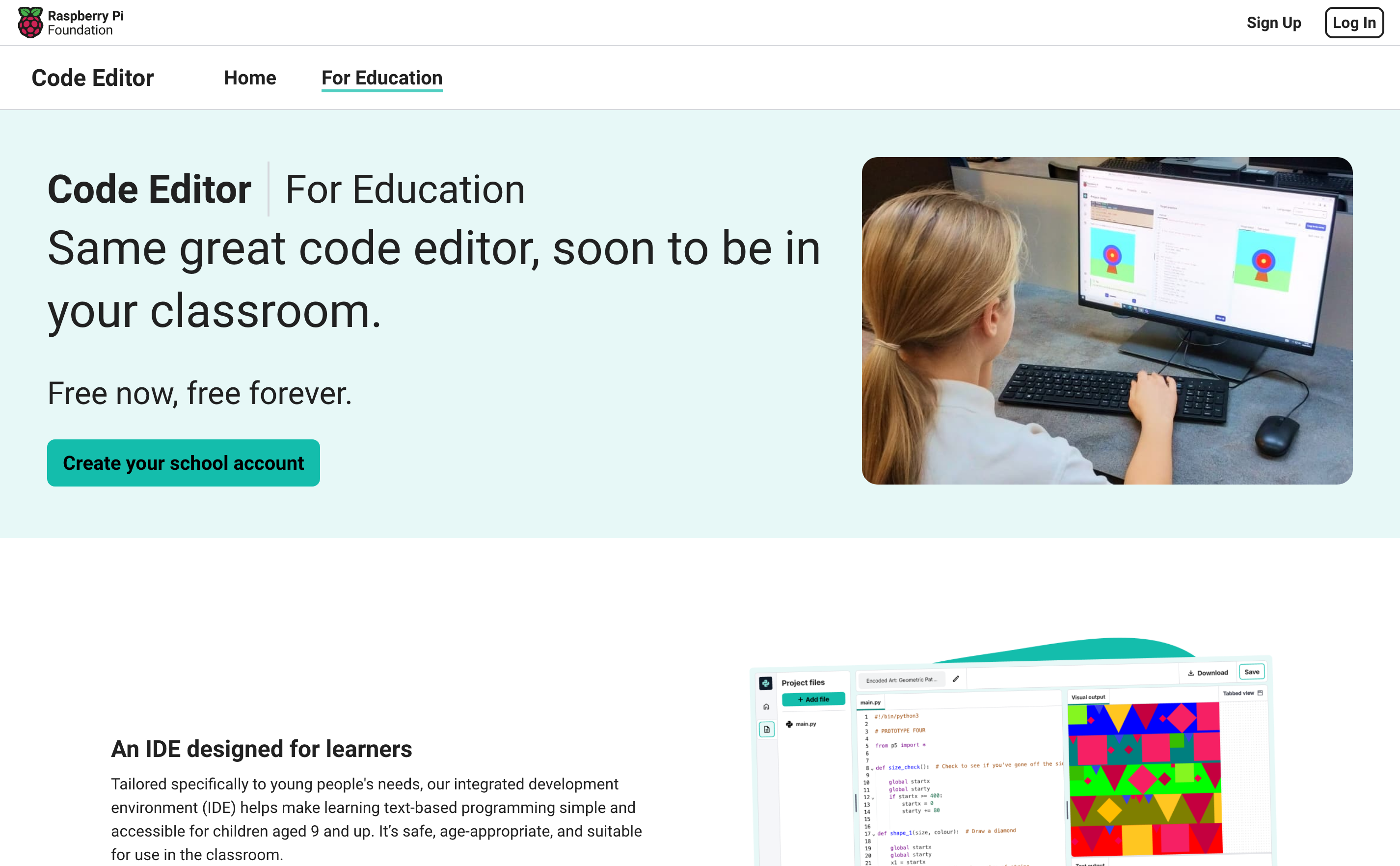 A screenshot of the Code Editor for education landing page. Has the stap-line: "Same great code editor, soon to be in your classroom"