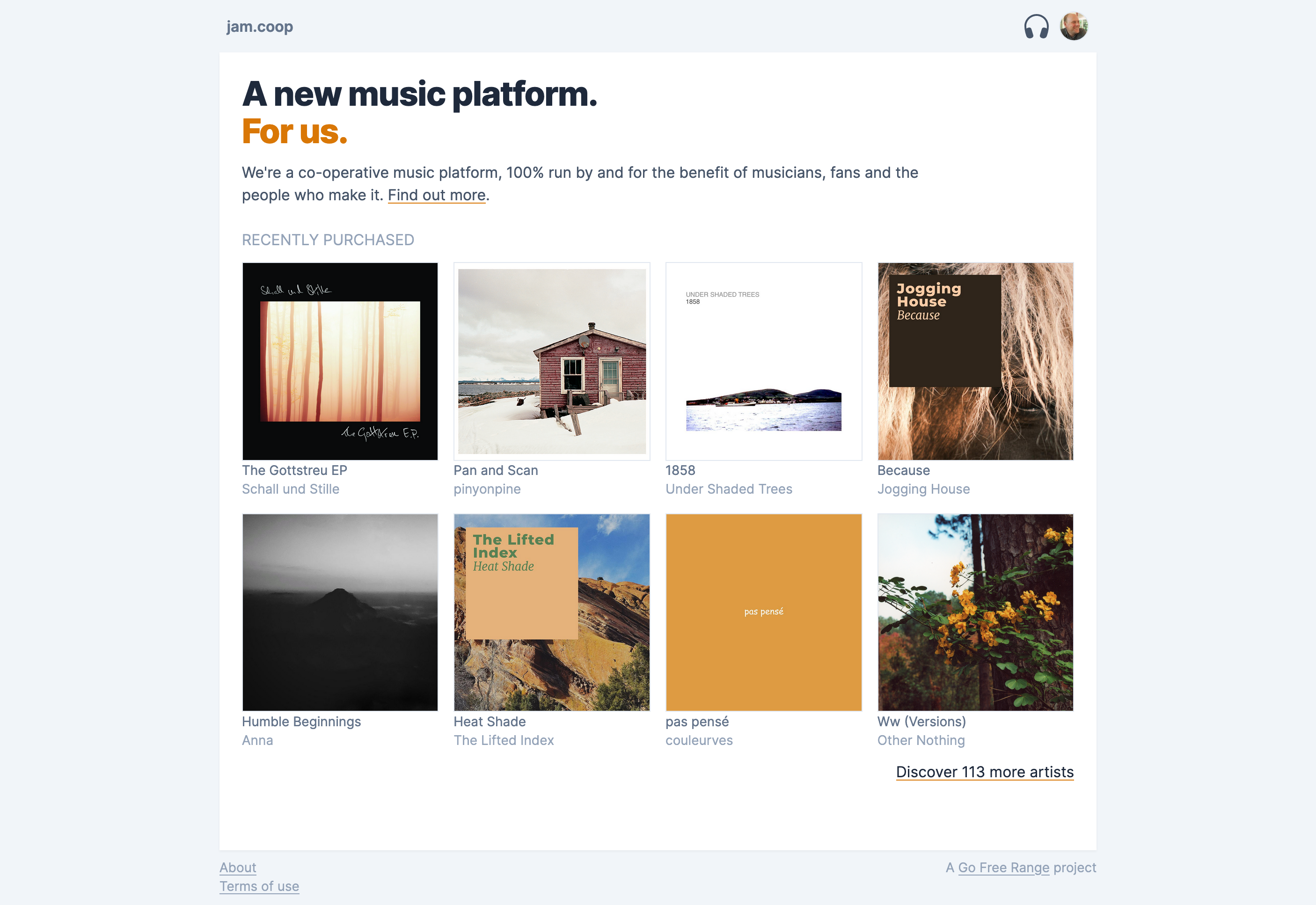 A screenshot of the jam.coop site. Has the stap-line: "A new music platform. For us" and shows a grid of album artwork for sale on the site.