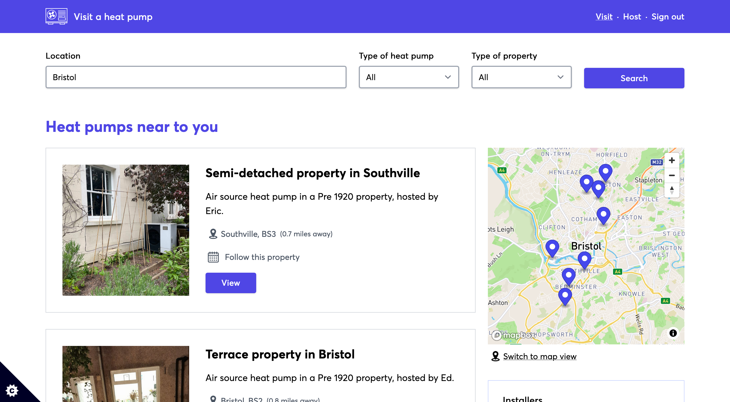 A screenshot of the Visit a heat pump site. Showing a list of hosts to visit in Bristol and a map of where they are