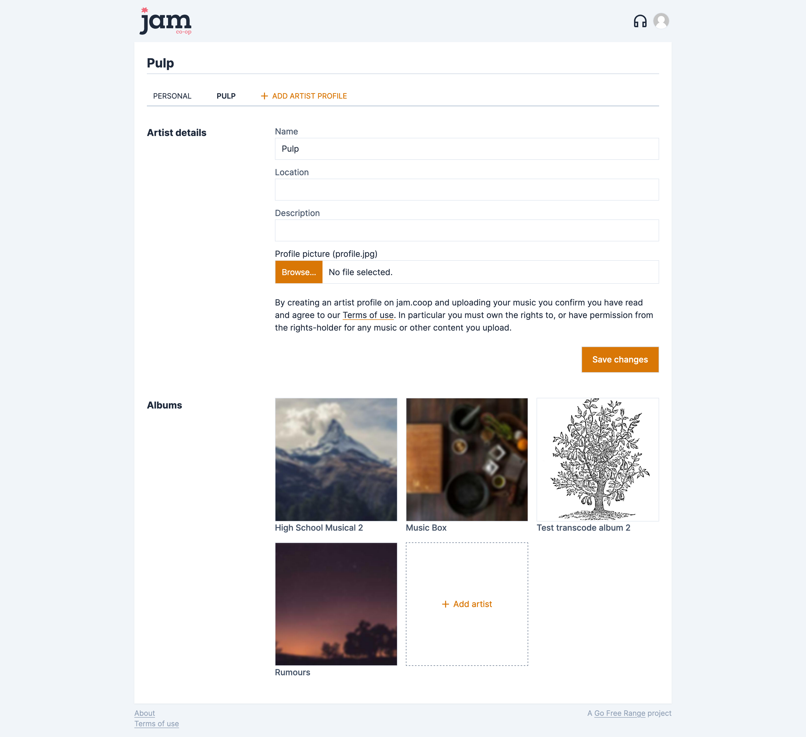 A screenshot showing the redesigned artist settings on jam.coop