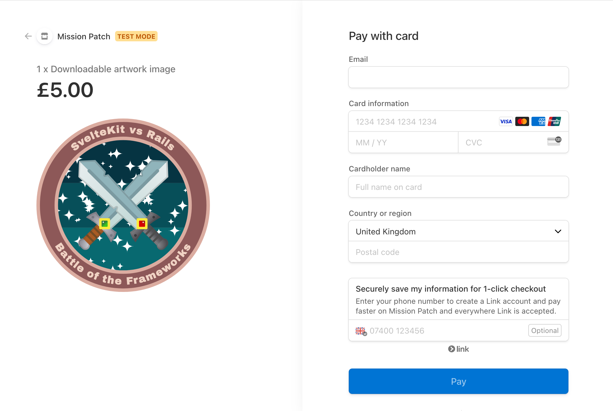 A screenshot showing the Mission Patch on the Stripe checkout page