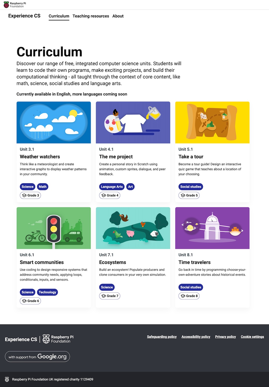 A screenshot of the curriculum page on ExperienceCS showing the units that make up the curriculum, with the grades and subjects they are designed for.