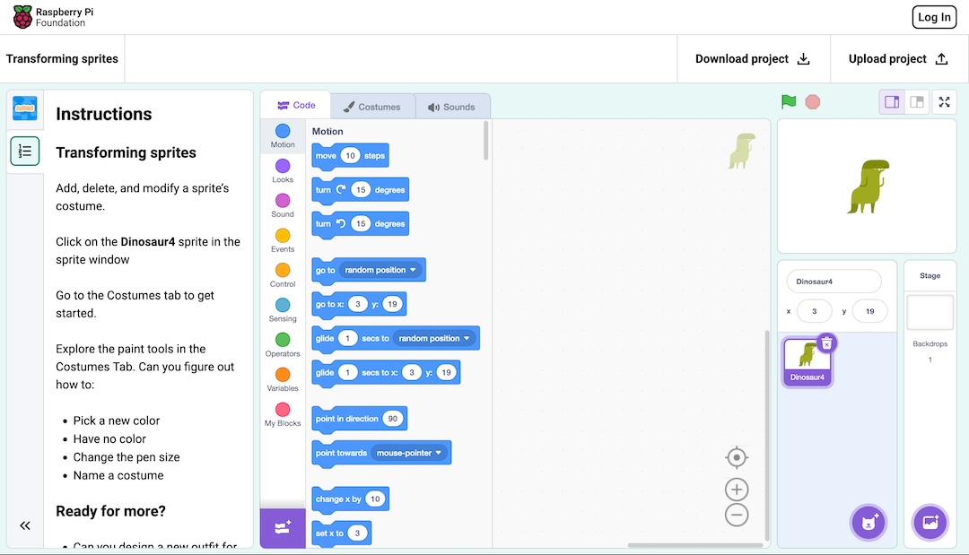 A screenshot of the scratch project page on ExperienceCS showing the scratch editor next to a collapsable instruction panel.