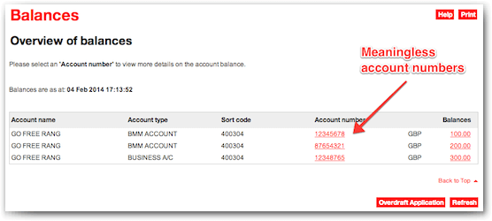 Screenshot showing HSBC business banking with account numbers