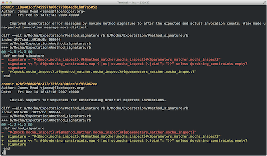 Git log showing changes to method implementation