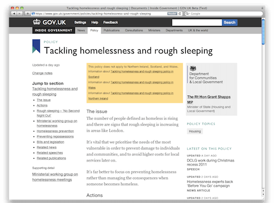 Homelessness policy page on GOV.UK